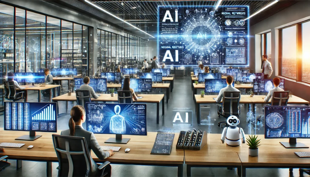 ambiente di lavoro di una startup tecnologica con elementi che simboleggiano l'intelligenza artificiale.