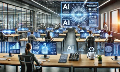 ambiente di lavoro di una startup tecnologica con elementi che simboleggiano l'intelligenza artificiale.